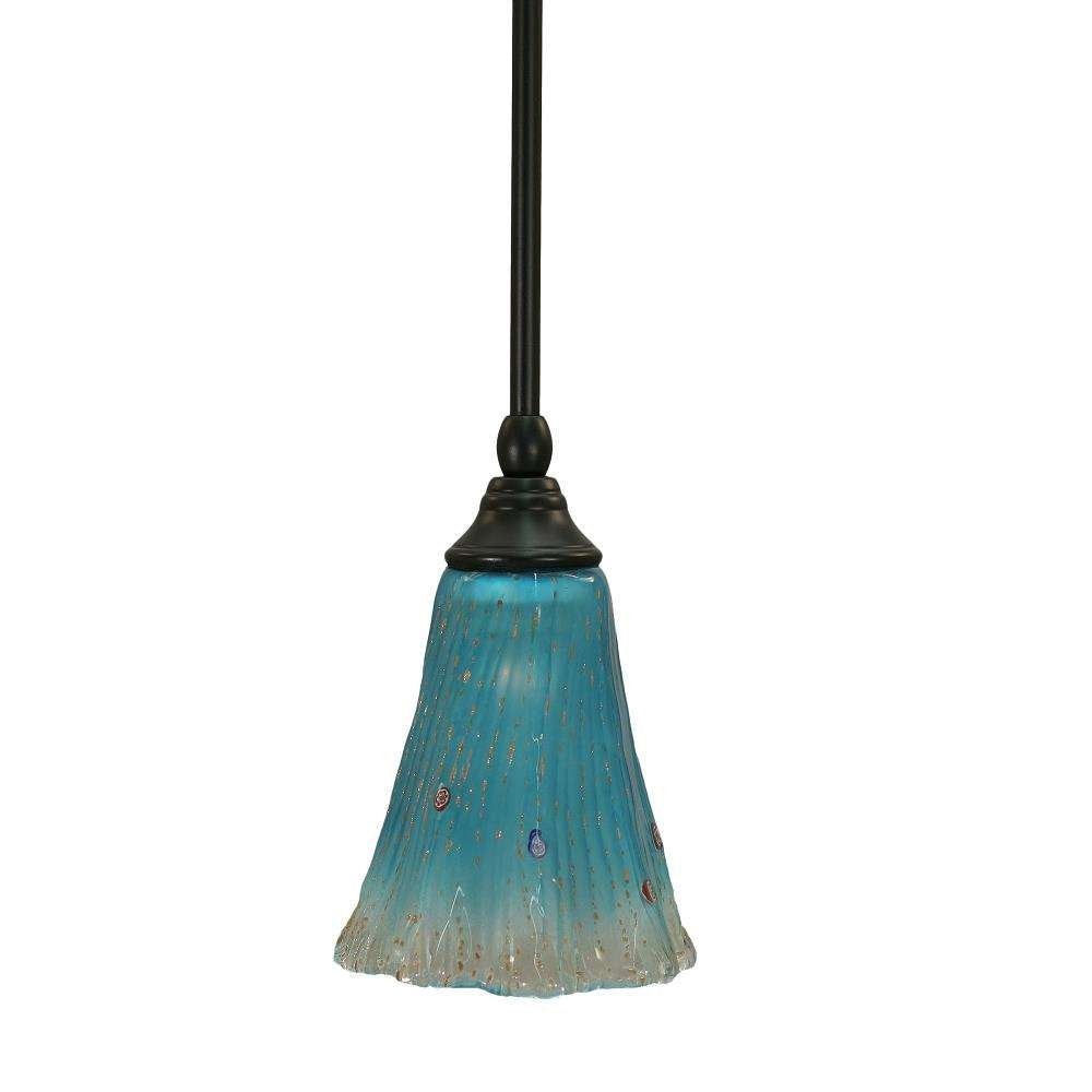 Toltec Lighting 23-Mb-725 Stem Mini Pendant With Hang Straight Swivel With 5.5&quot; Teal Crystal Glass, Matte Black Finish