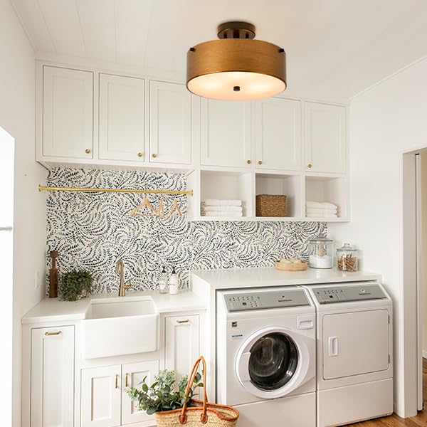 12''Semi Flush Mount Ceiling Light Fixture,3-Light Small Brass Chandelier Drum Lighting With Age Gold Metal Shade,Modern Close T