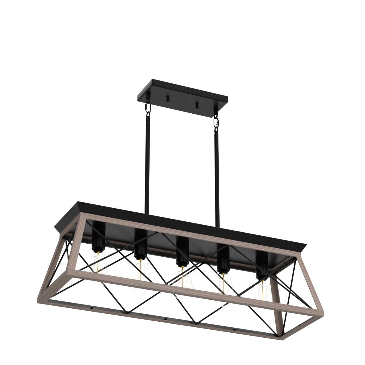 XIPUDA 5-Light Linear Pendant Chandelier, Rustic Metal Fixture for Dining Room, Oak Finish, Model XPD-0021