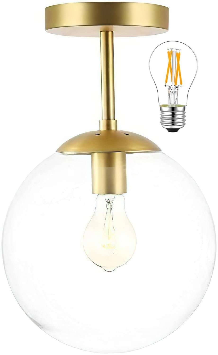 Bagood Globe Semi Flush Mount Ceiling Light, Clear Glass with Brass Finish, Contemporary Mid Century Modern Style Lighting Fixtu