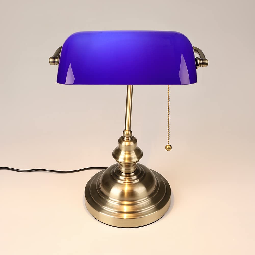 FIRVRE Blue Glass Bankers Desk Lamp, Bronze Finish, E26 Pull Chain, Model B006 for Home Office, Bedroom, Library