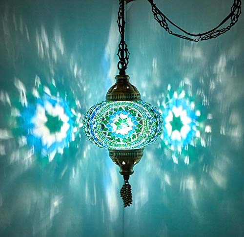 DEMMEX Plug-in Pendant Light - Handcrafted Glass, Vintage Tiffany Style, 15ft Cord & Chain, Turquoise