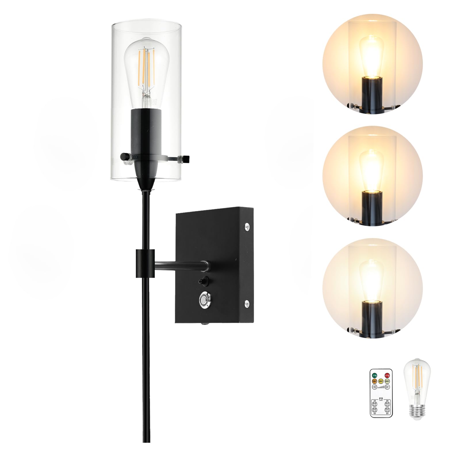 Aibisod 3-Color Battery Operated Wall Sconces With Remote, Dimmable Indoor Wireless Wall Light, Black Indoor Battery Powered Wal