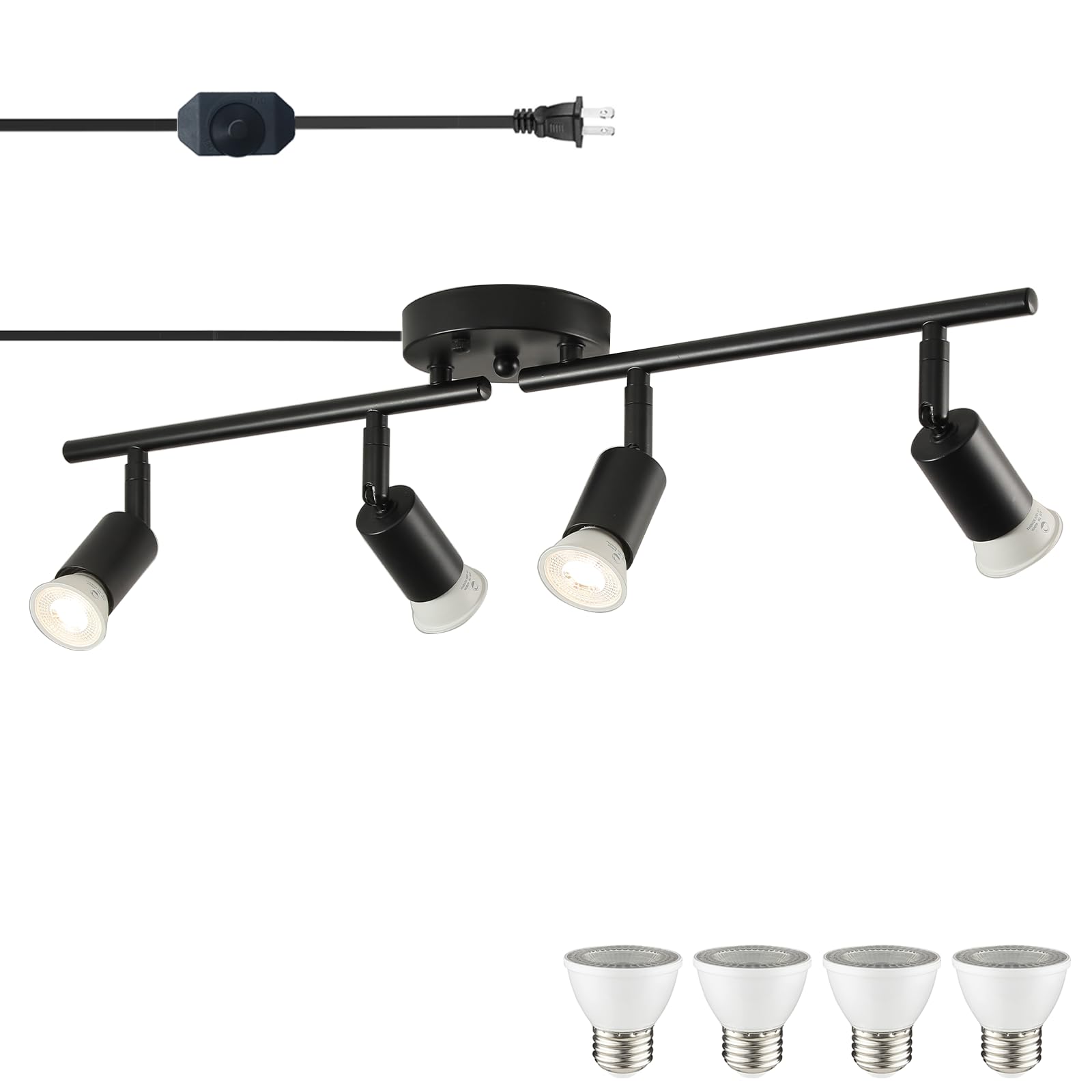 Vivihobb Dimmable Plug In Track Light Black 4 Light Plug In Ceiling Lighting Fixture With 16.4 Long Cord 4 Way Ceiling Spotlight Rotatable Wall Mount Light Head Led Dimmable Spot Bulbs Included