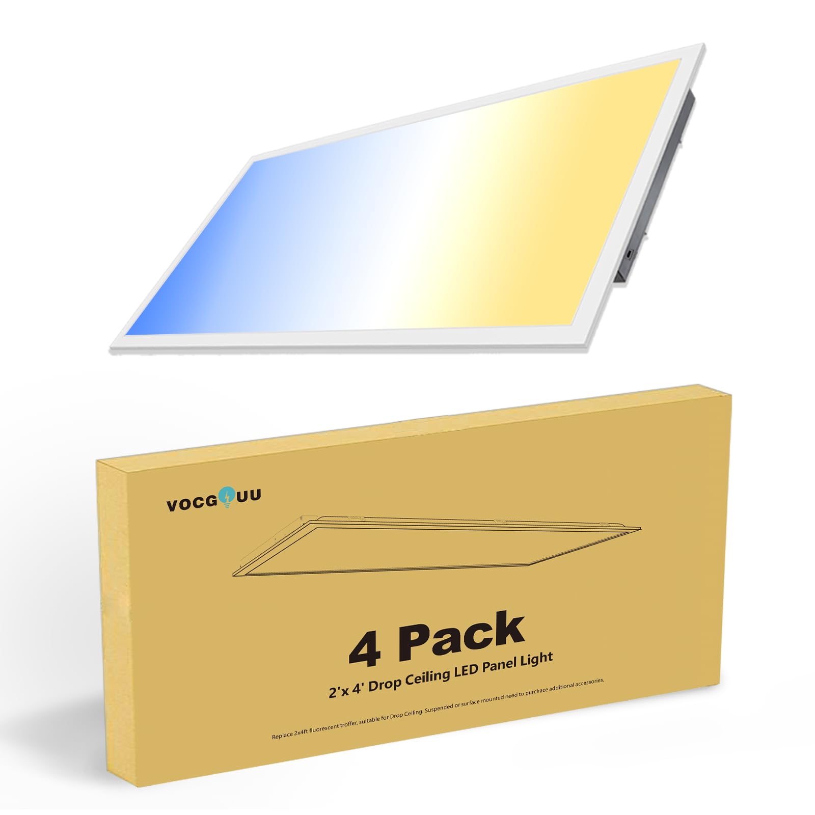 VocgoUU 4 Pack 2x4 LED Flat Panel Light Fixture  Drop Ceiling Office Lights 3000K/4000K/5000K Switchable  30W/40W/50W Selectable  0-10V Dimmable  Dustproof  ETL