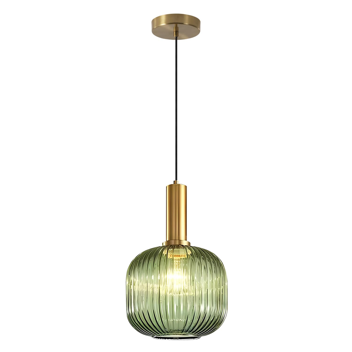 KCO Vintage Green Glass Pendant Light - Ribbed Globe Fixture, 20cm, Brass Gold, Model L1162-G