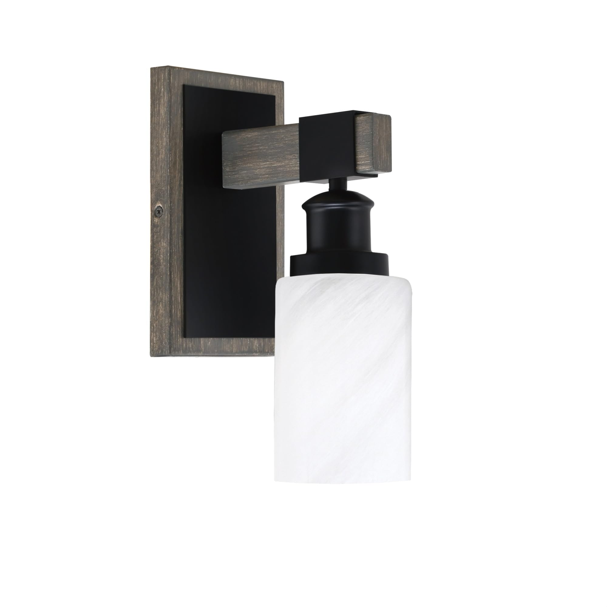 Toltec Lighting Tacoma Light Wall Sconce, Matte Black & Distressed Wood-Look Metal, 4in White Marble Glass