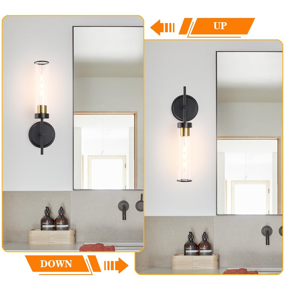 Wall Sconces Set Of Two  Black And Gold Bathroom Sconces Wall Lighting With Clear Glass  Modern Sconces Wall Decor Set Of 2  Farmhouse Wall Mount Lights For Mirror Bedroom Living Room Hallway Kitchen