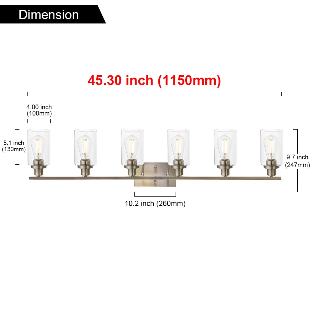 MELUCEE 6-Light Bathroom Vanity Light Fixtures Brushed Nickel Modern Wall Light with Glass Shade
