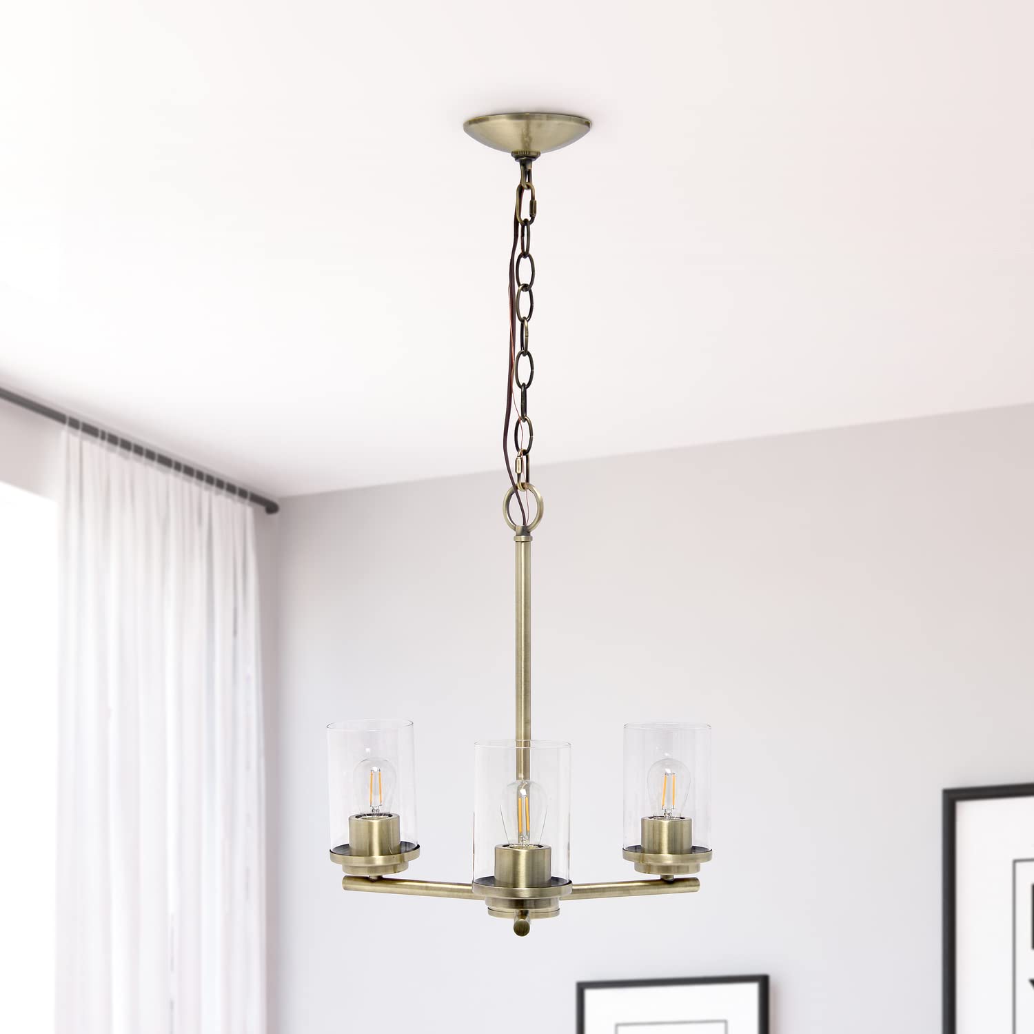 Elegant Designs Pendant Chandelier 3-Light Metal Clear Glass 15in Antique Brass PT1018-ABS