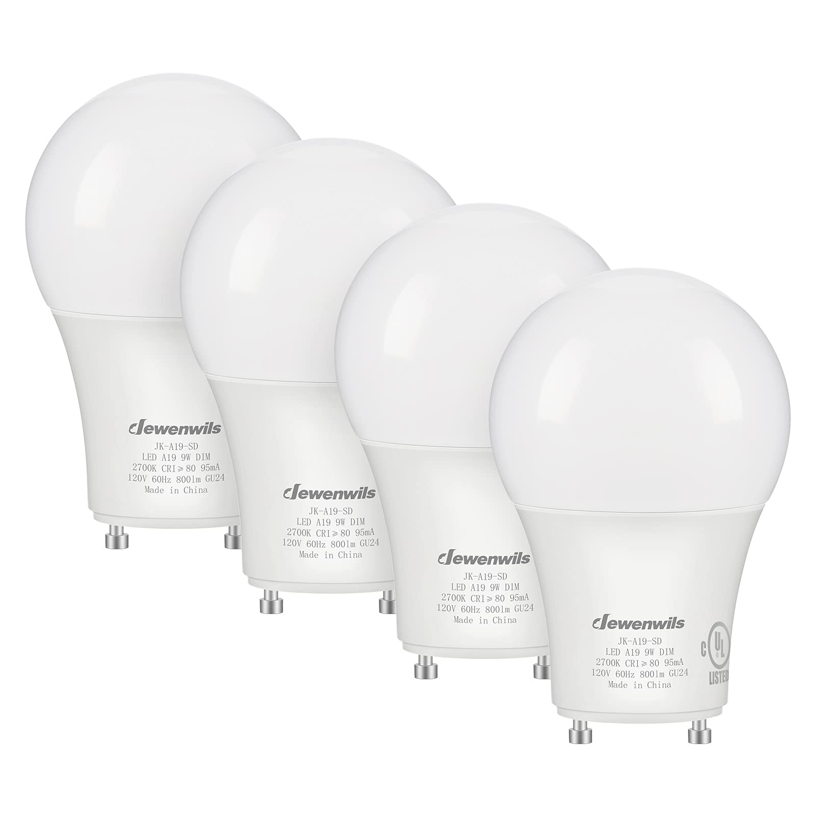 DEWENWILS GU24 LED Light Bulb, 60W Equivalent, Dimmable, 9W 800 Lumens, 2700K Warm White, 4 Pack, Plastic
