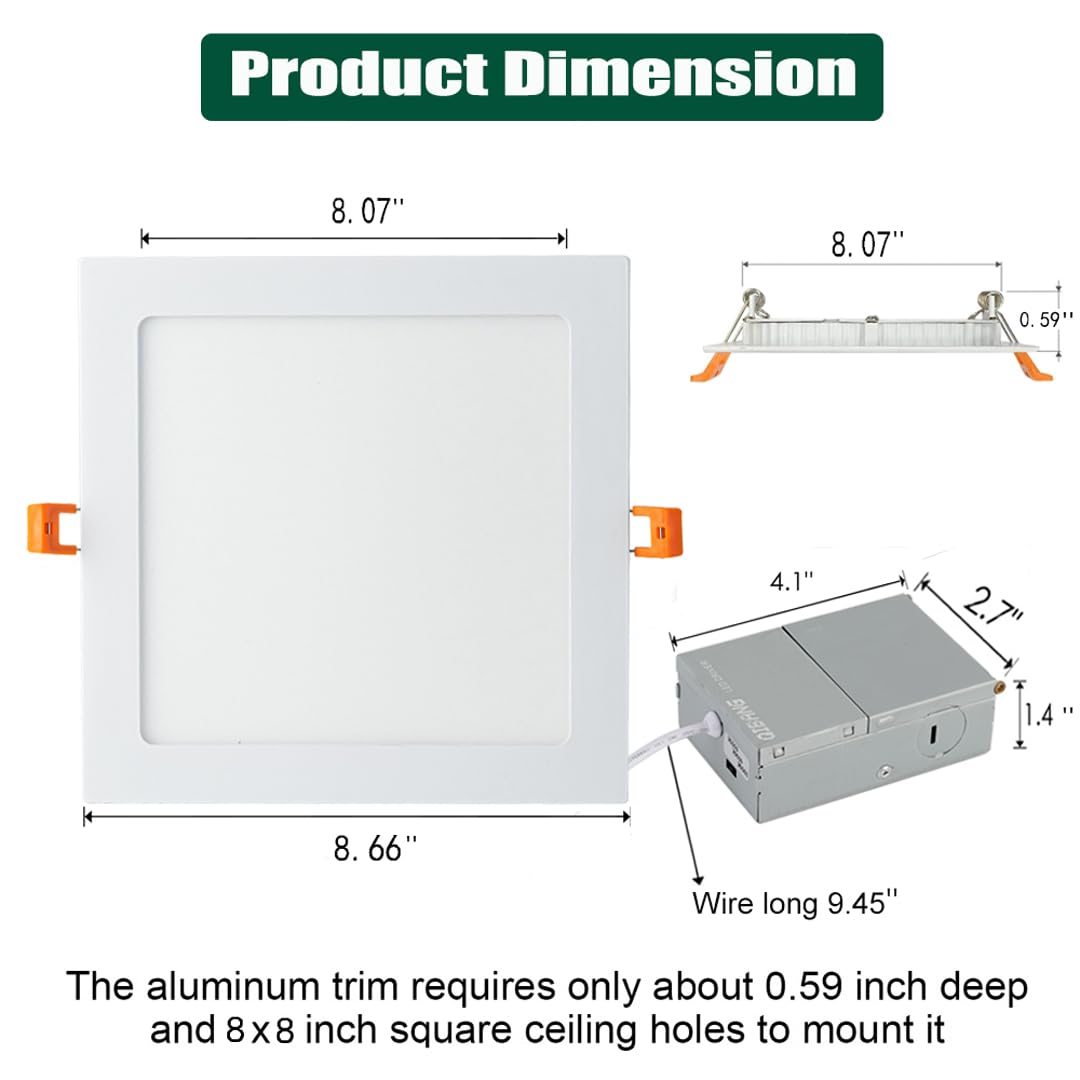 Qibang Square Led Recessed Light 8 Inch Dimmable With Junction Box,3Cct 3000K/4000K/6000K Selectable,1600Lm Cri90+18W Ultra-Thin