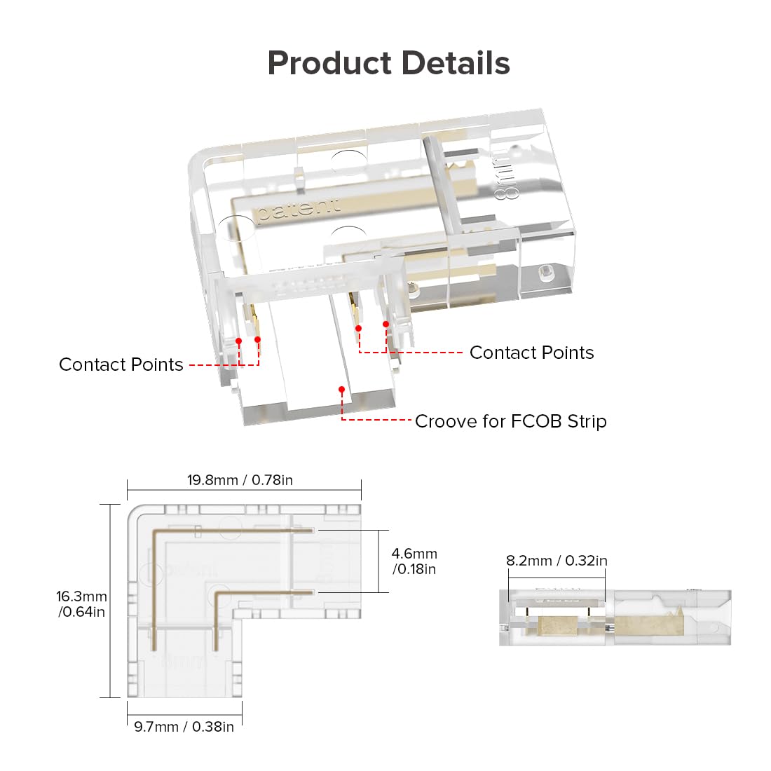 Fcob Cob 8Mm/0.31In Width Led Strip Connector Kit 8Pcs 2 Pin Transparent Gapless L-Shaped Connectors 8Mm Pwm Single Color +V -V