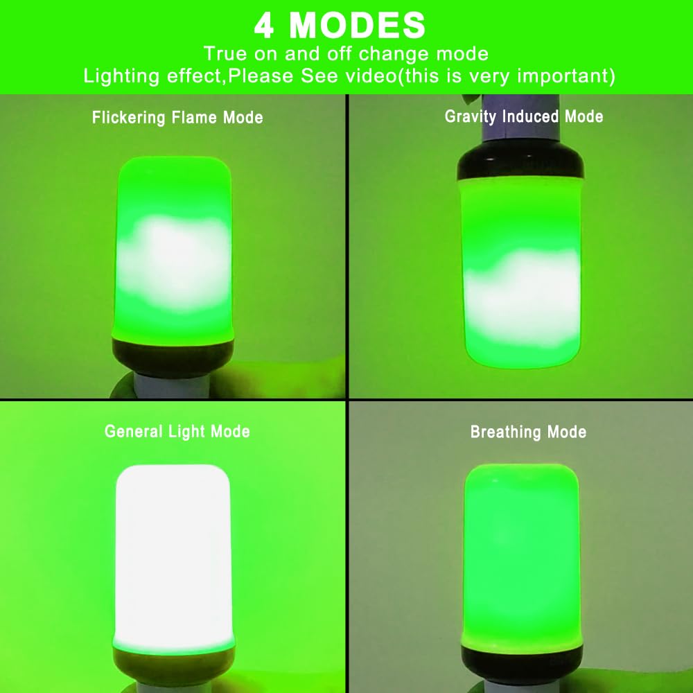 Bitrue Led Flame Light Bulbs, 4 Modes Green Flame Effect Bulbs, E26 Base Fire Light Bulb With Gravity Sensor, Flickering Light B