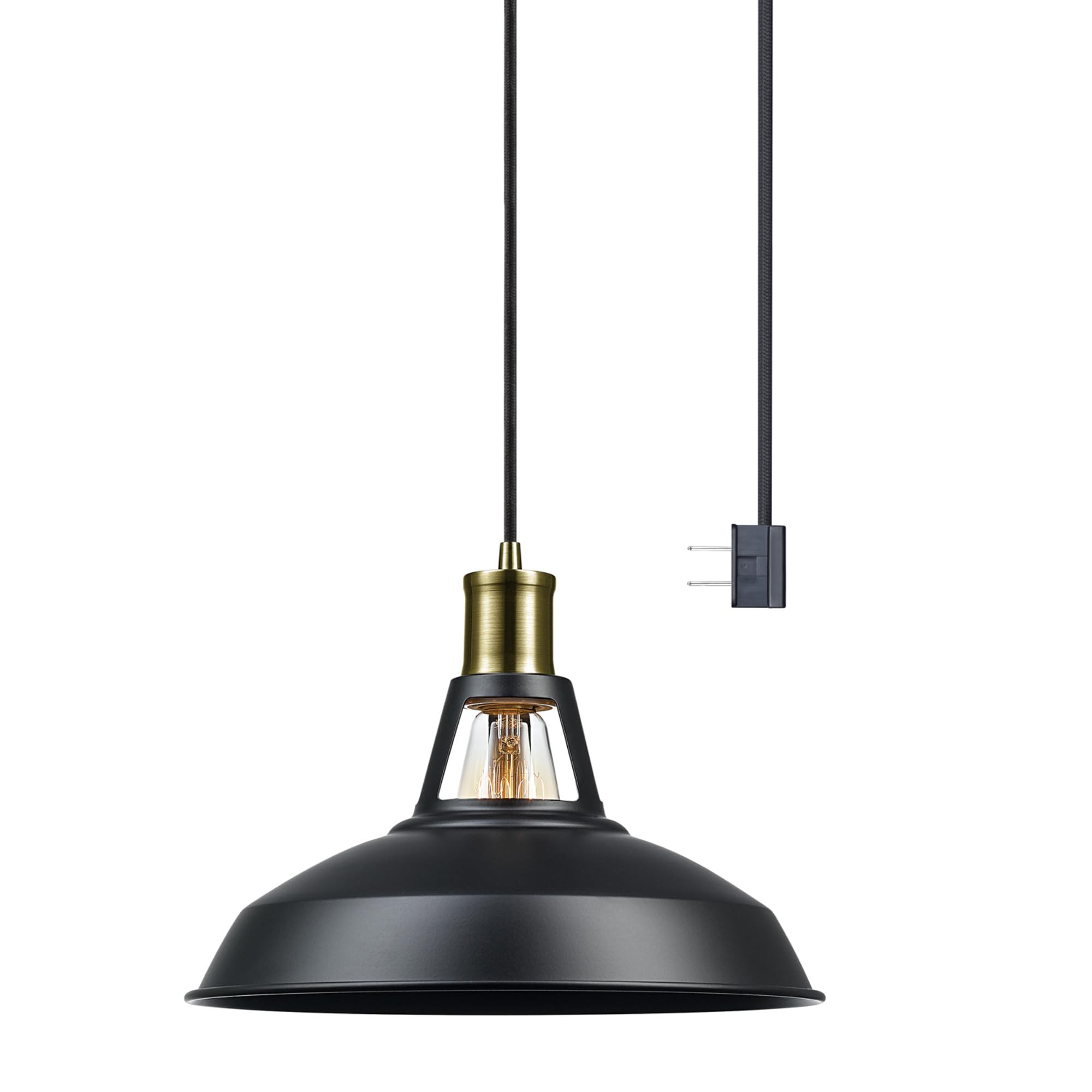 GLOBE Electric 65712 1-Light Pendant, Satin Black & Antique Brass, 15ft Cord