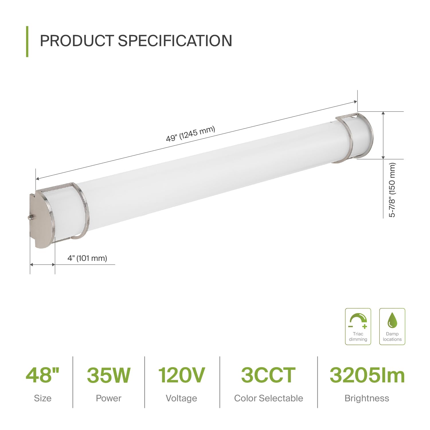 ASD LED Vanity Lighting Fixture 48 Inch 35W Dimmable Brushed Nickel 3CCT ETL Listed Model A-LVF21-48D35CCNK-4p