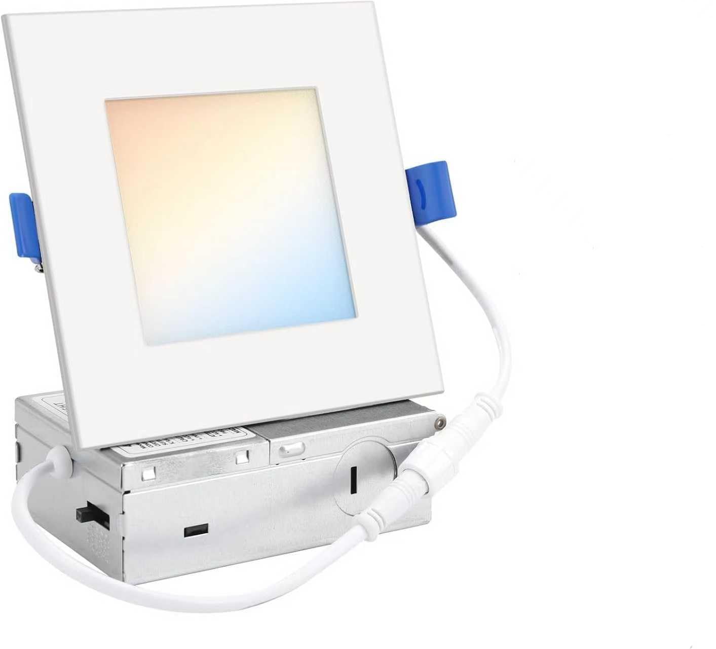 Honzin Square Led Recessed Lighting 4 Inch  5Cct Ultra Thin Led Recessed Ceiling Lights 1 Pack  Selectable 2700K/3000K/3500K/4000K/5000K  9W  Ic Rated  Dimmable Square White Trim With Junction Box