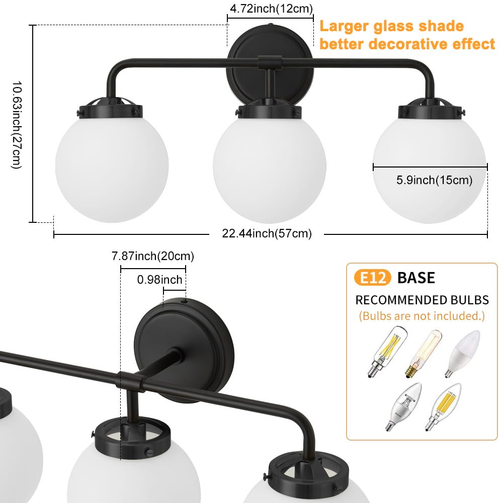 Deyidn Black Bathroom Light Fixtures Over Mirror, 3-Light Modern Vanity Lighting With Milk White Glass Globe Shade Wall Sconce