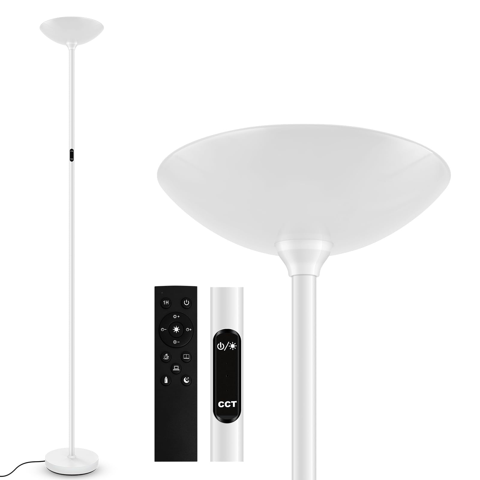 BoostArea Dimmable Floor Lamp, 30W LED Torchiere, Remote & Touch Control, 71 in Tall, 2700k-6500k, White, Model B0512