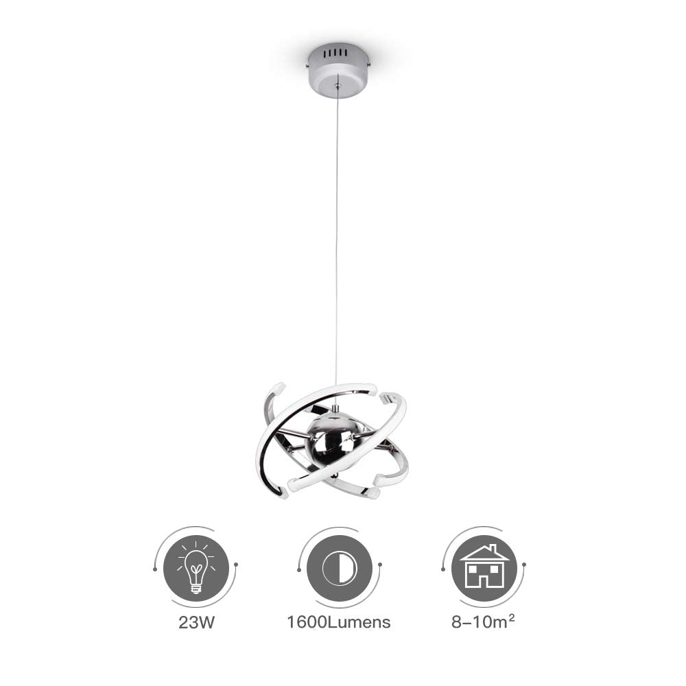 ELINKUME Modern LED Pendant Light, 26W Chrome Chandelier, Adjustable 11" Acrylic Fixture for Dining Room, Bedroom, Corridor