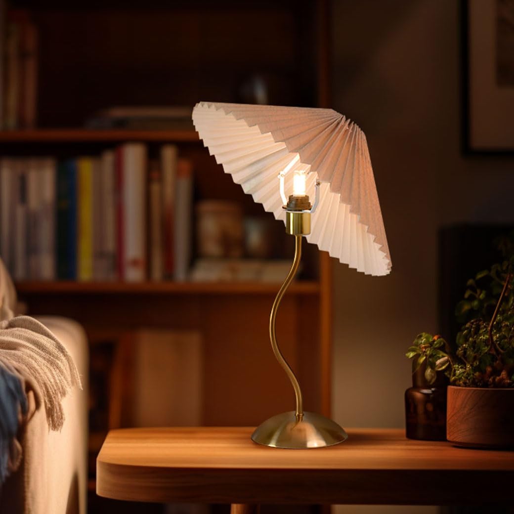 KUNJOULAM Small Pleated Table Lamp, Beige Lampshade, Copper Metal, E12 Bulb, Model TL056, Ideal for Bedroom & Home Office Decor
