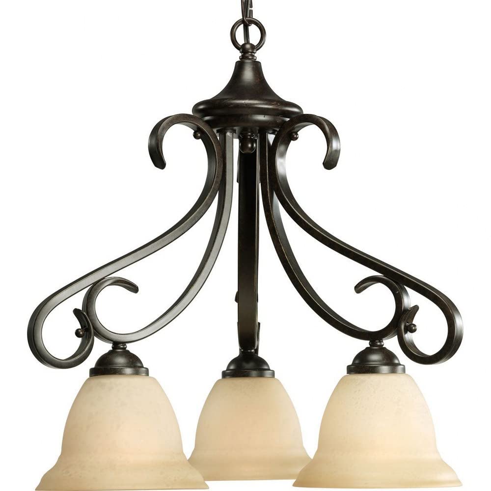 Progress Lighting P4405-77 3-Light Chandelier With Tea Stained Bell-Shaped Glass Bowls And Squared Scrolls And Arms, Forged Bron