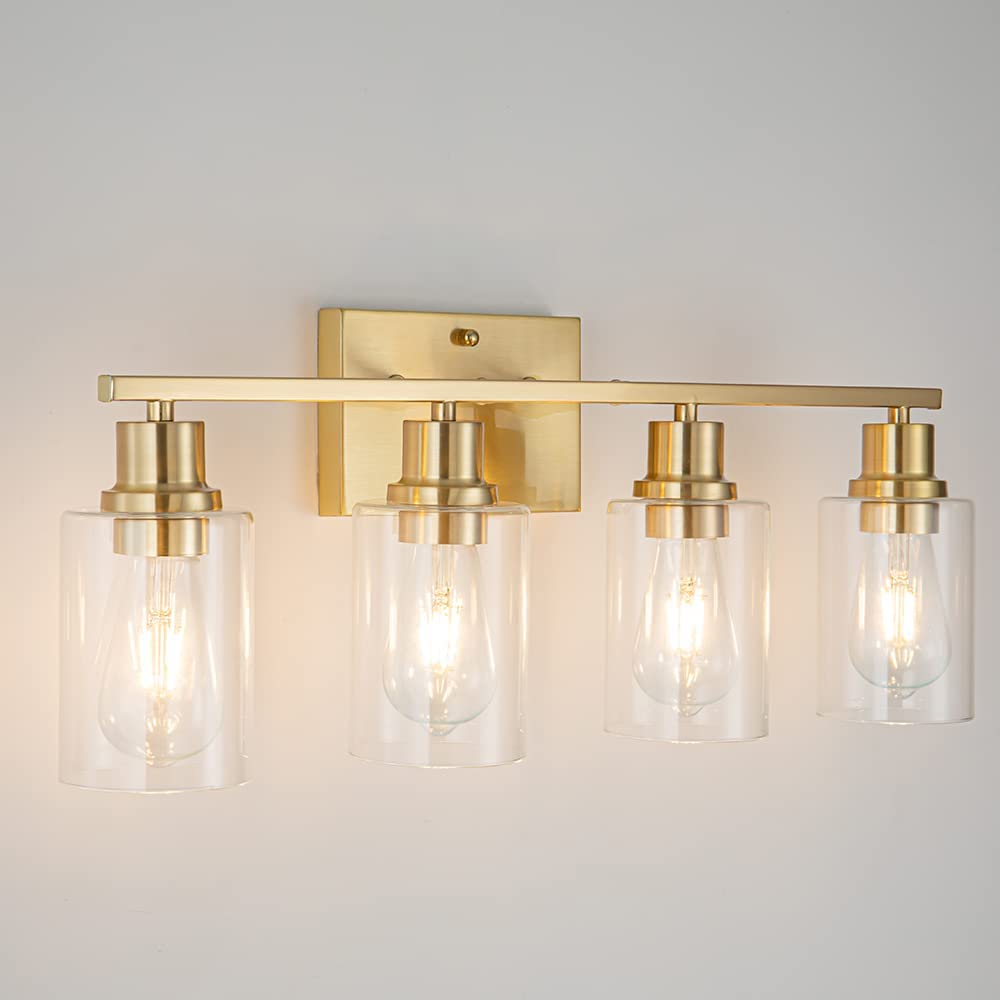 Emong Gold Bathroom Light Fixtures,4-Lights Brushed Brass Vanity Light With Clear Glass Shade,Modern Wall Sconces For Hallway, F