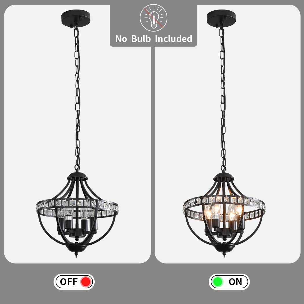 Lanpesting Crystal Chandelier, 4-Light Black Pendant Lighting, Vintage Farmhouse Design, Model CH-A155-4, Ideal for Kitchen & Dining Room
