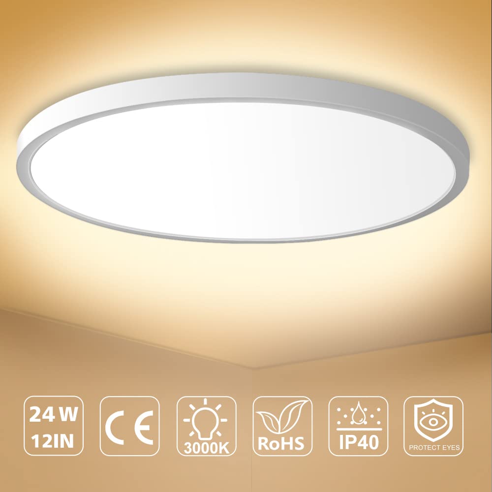 inShareplus LED Flush Mount Ceiling Light 24W Warm White 12 Inch Plastic 3200LM for Bathroom Kitchen Bedroom Living Room