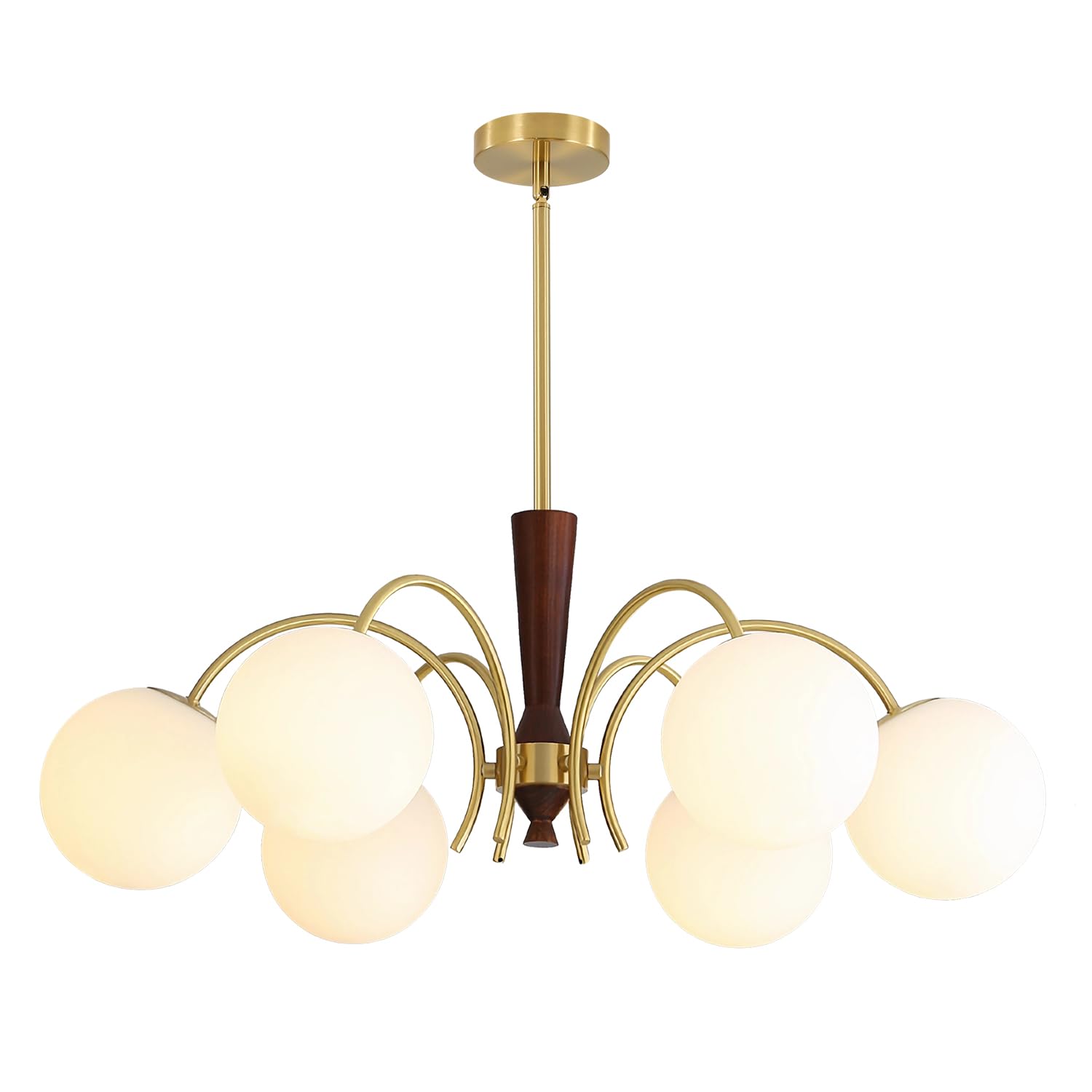 BOKT Milk Glass Ball Chandelier Modern 6-Light Sputnik Chandelier Kitchen Island Wood Sputnik Hanging Light Mid Century Brushed 