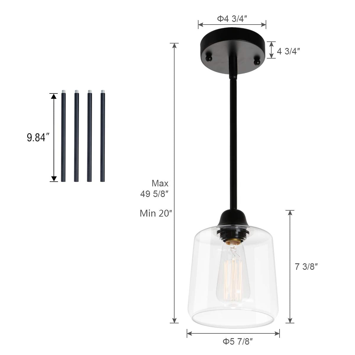 Viluxy Vintage Glass Pendant Light, Single Hanging Pendant Lighting, Black With Clear Glass Shade Classic For Farmhouse, Entrywa