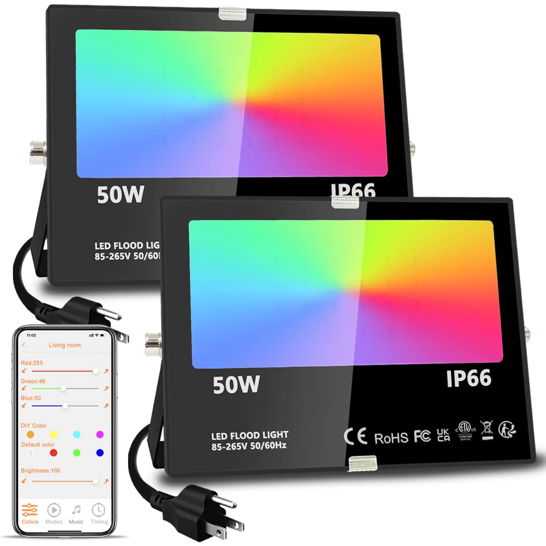MELPO LED Flood Light, 500W Equivalent, 5000LM, RGB + Warm White, 2 Pack, Aluminum, IP66 Waterproof, Model BLFL-LFBA
