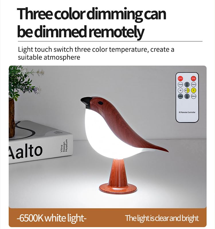 THOEWONG Remote Control Bird Desk Lamp, Rechargeable, 3 Color Temperatures, Mahogany Color, Model: bird05
