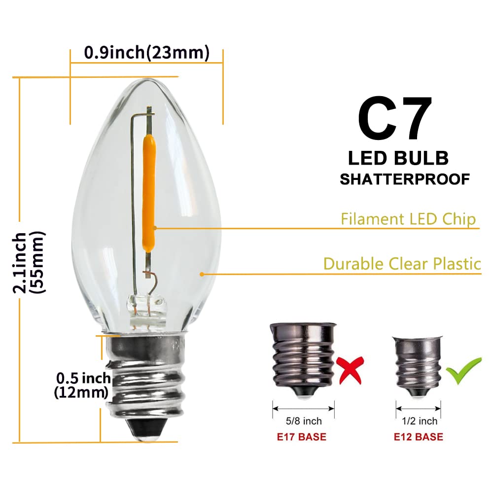Kgc 50Pack C7 Led Christmas Light Bulb, E12 Base Waterproof Led Bulbs For String Light, 2200K Warm White 50Lm, Clear Plastic Night Lights C7 Led Replacement Bulbs For Christmas String Lights.