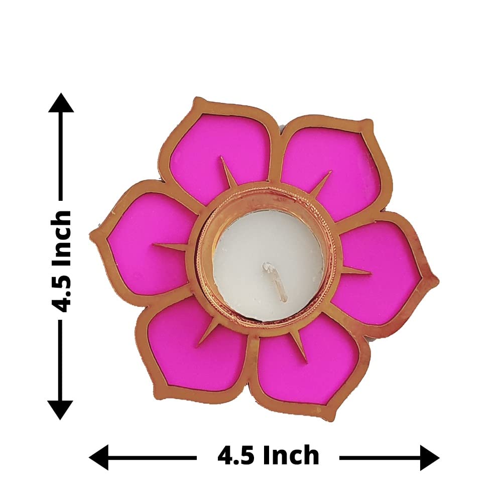 Gift Jaipur Handmade Pink Lotus and Flower Diya Rangoli Set of 7 Candles with Wax (4 Inch) | Deepak Diyas Home Temple Decoration