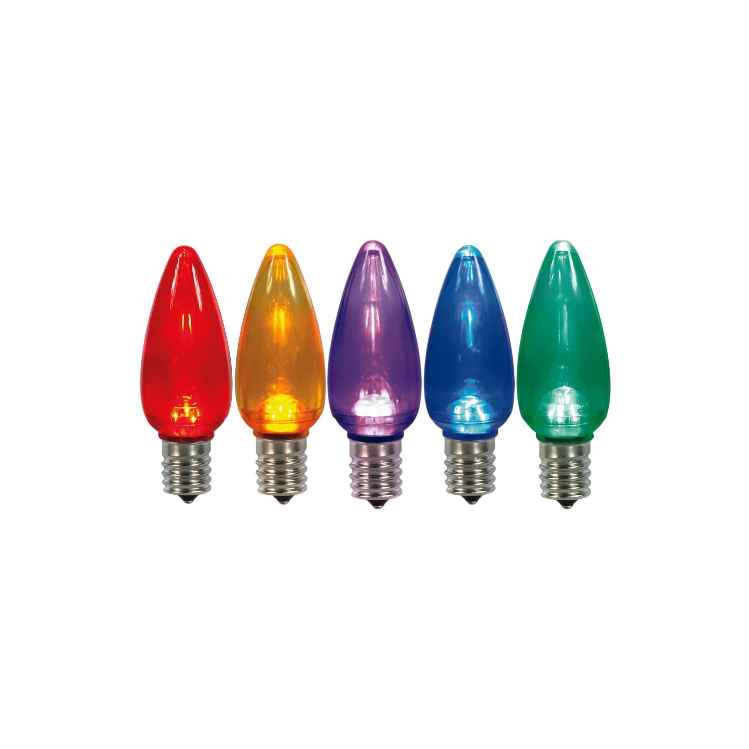 Vickerman C9 Twinkle Transparent Plastic LED Multi-Color Dimmable Bulb, E17 Nickel Base, 3 Diodes, .90Watts, 120Volts, 5 Each of Red, Blue, Green, Amber and Purple, 25 per Case