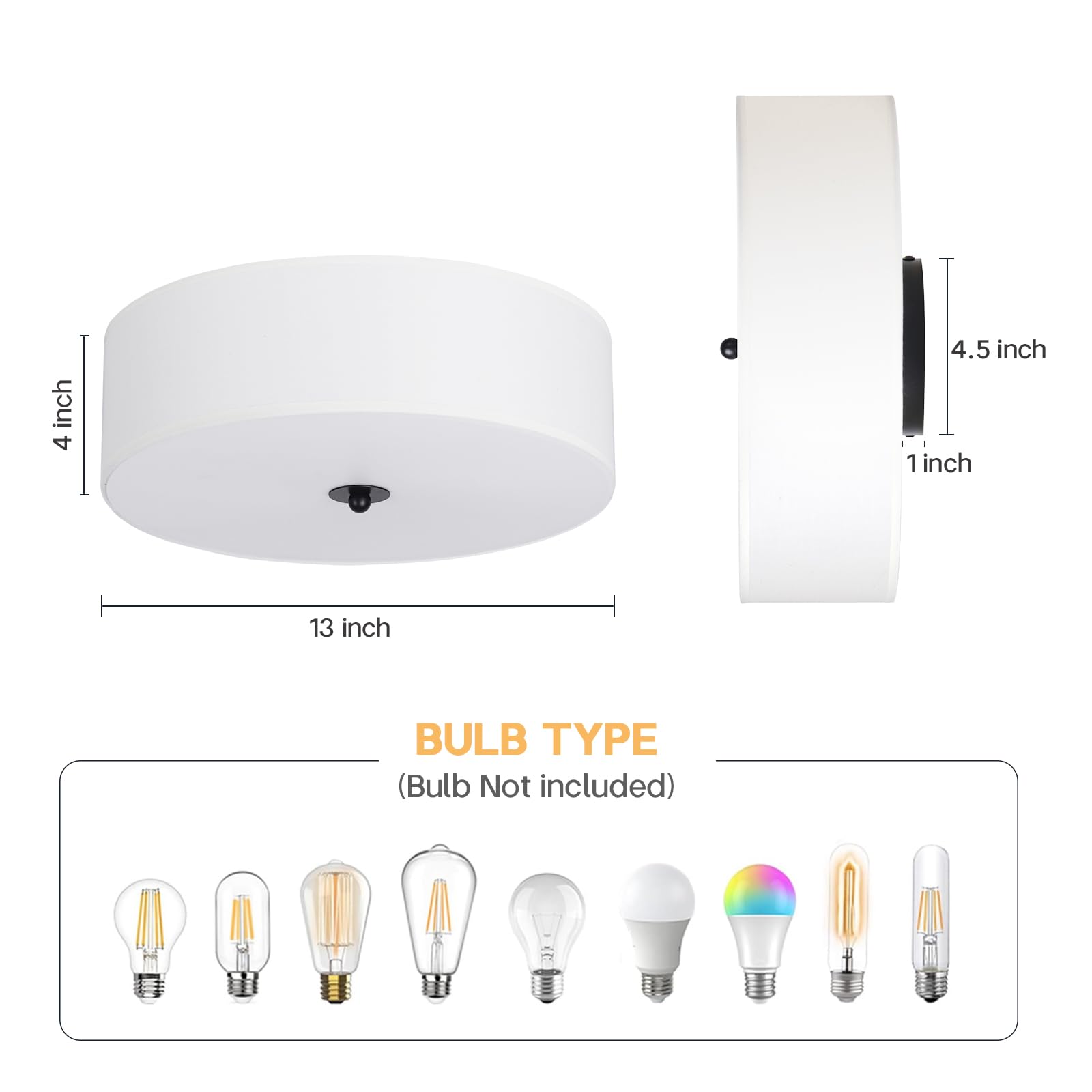 Calokes Flush Mount Ceiling Light Fixture, 13'' Close To Ceiling Light With White Fabric Linen Drum Shade, 2-Light Modern Round