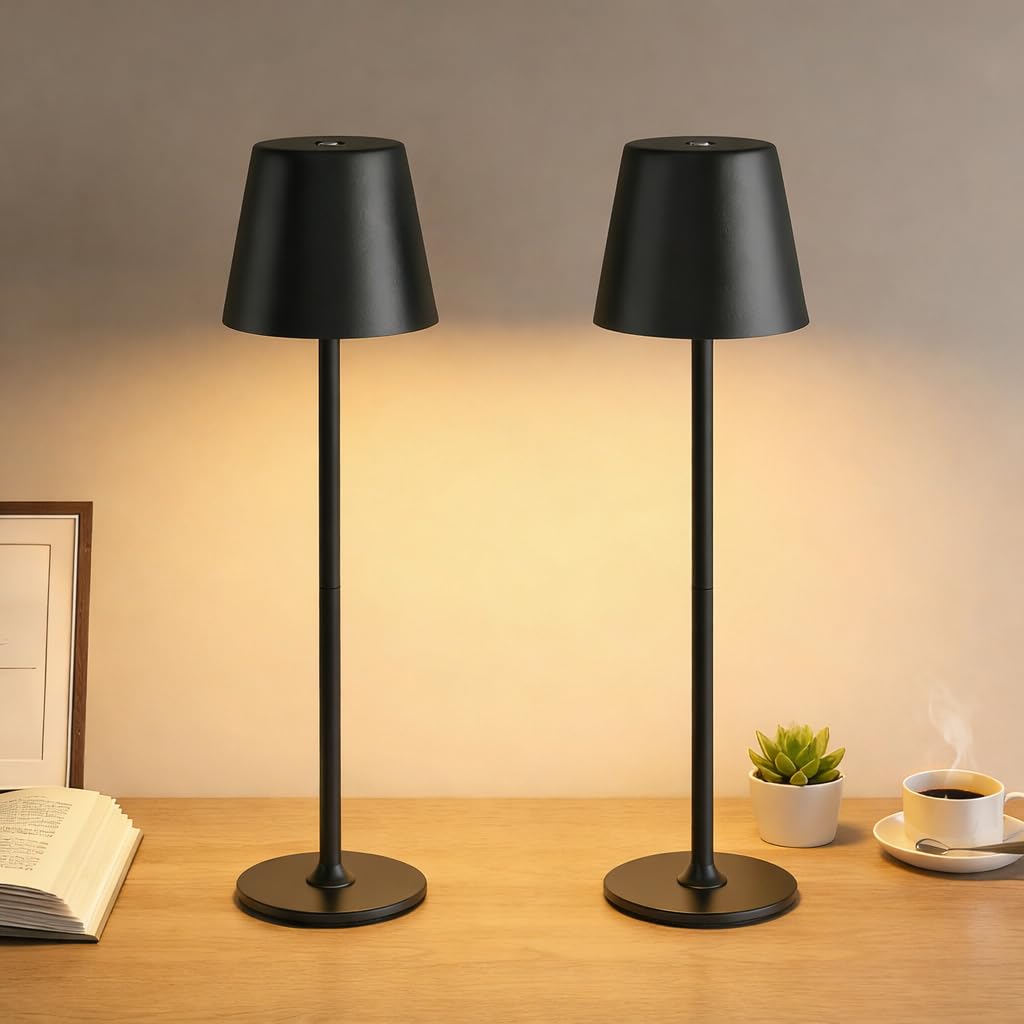 Holyask 2-Pack Cordless LED Table Lamps  Touch Dimmable Bedside Night Lights  Rechargeable USB  Full Metal Body  Dual Battery  IP54 Waterproof - Black