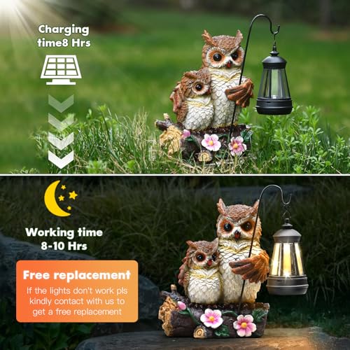 Json Garden Owls Statue - Solar LED Lantern, Small Resin Figurine, OWL Color, Model JS-002, Perfect for Mother's Day Outdoor Decor