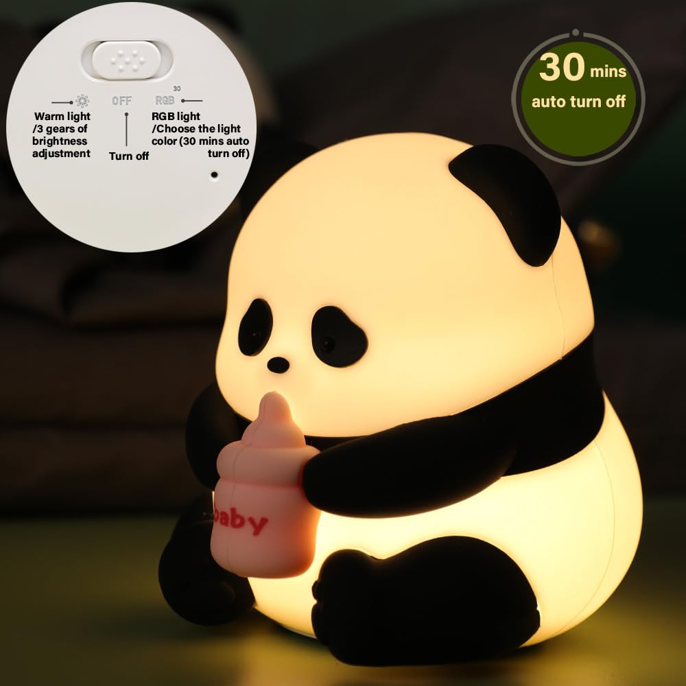 Myratts Led Cute Panda Night Light with 7 Colors, Dimmable Timer Nursery Lamps, Rechargeable Touch Control Night Lamp for Kids A
