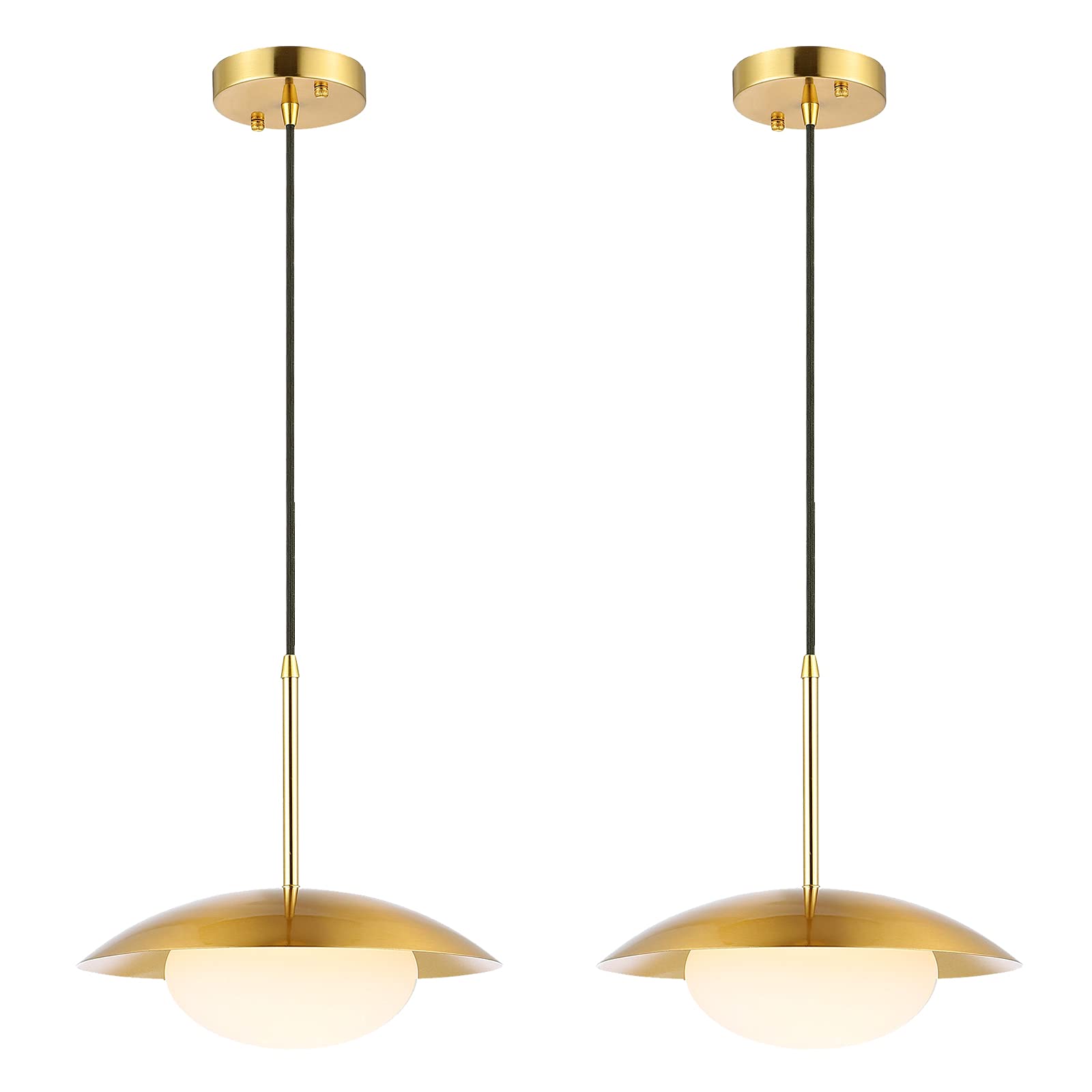 Baoden Modern Pendant Lighting Set Of 2, Brushed Brass Dome & White Glass Shades