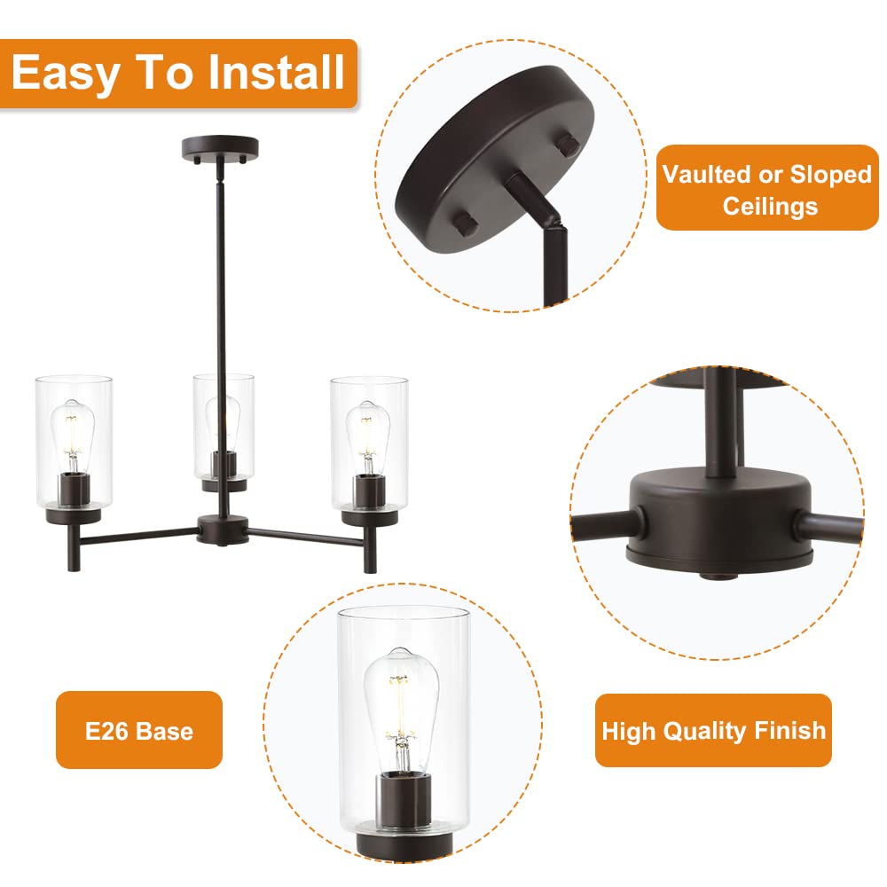 VINLUZ 3-Light Pendant Chandelier Rustic Clear Glass Shades Oil-Rubbed Bronze Adjustable Ceiling Light Model 1810-3-19