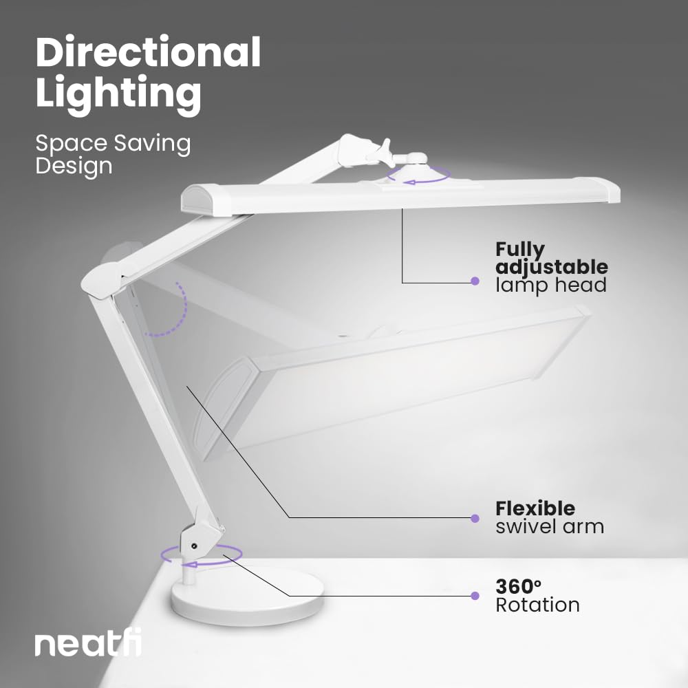 Neatfi LED Desk Lamp, 3500 Lumen, Dimmable, 3 Light Modes, 26 Inch Metal Shade, White