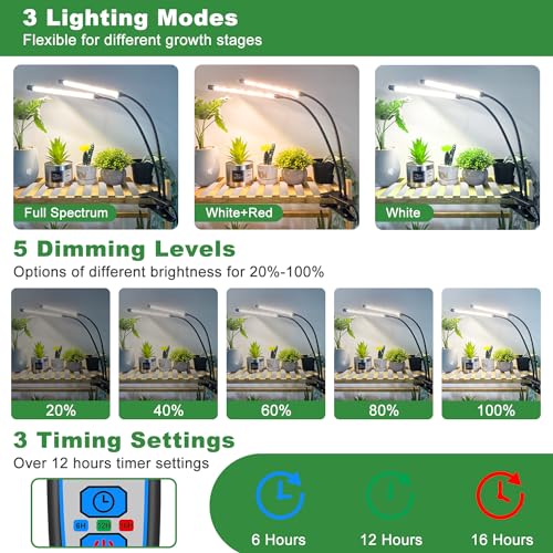 Wolezek Grow Lights For Indoor Plants, 2 Pack 6000K Led White Plant Grow Lights Indoor, Full Spectrum Grow Lamp With Clip, Auto On & Off Timer 6/12/16H, 3 Modes, 5-Level Dimmable Brightness