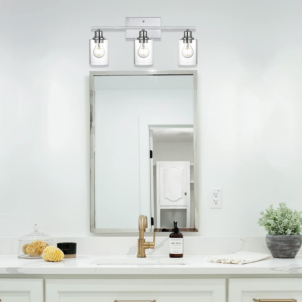 VINLUZ 3 Light Wall Light Fixture - Chrome Finish, Clear Glass Shade, Wall Mounted Lamp for Bathroom and Hallway