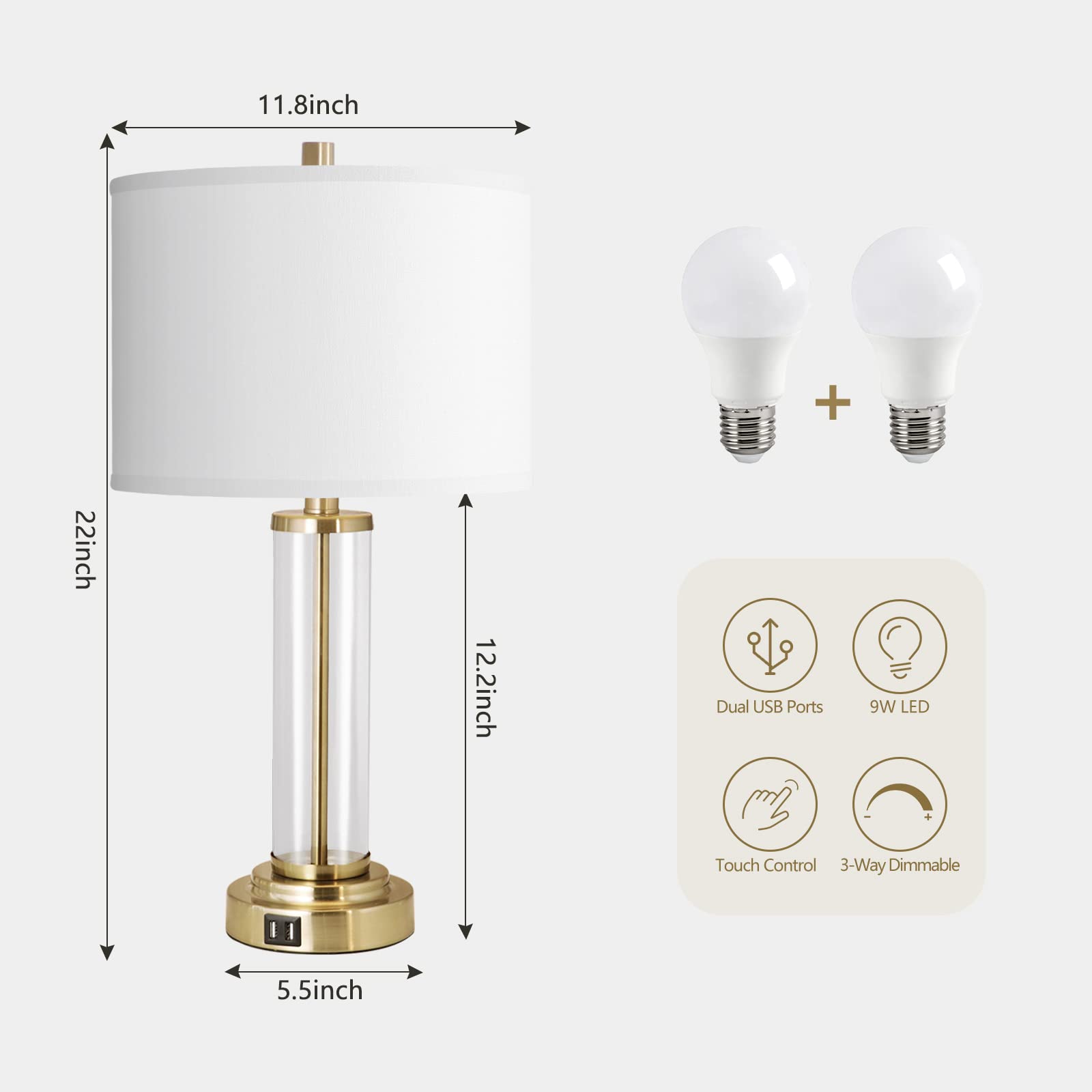 Qimh Lamps For Bedrooms Set Of 2, Touch Control Table Lamps With Dual Usb Ports, 3-Way Dimmable Bedside Lamp With Fabric Lampsha
