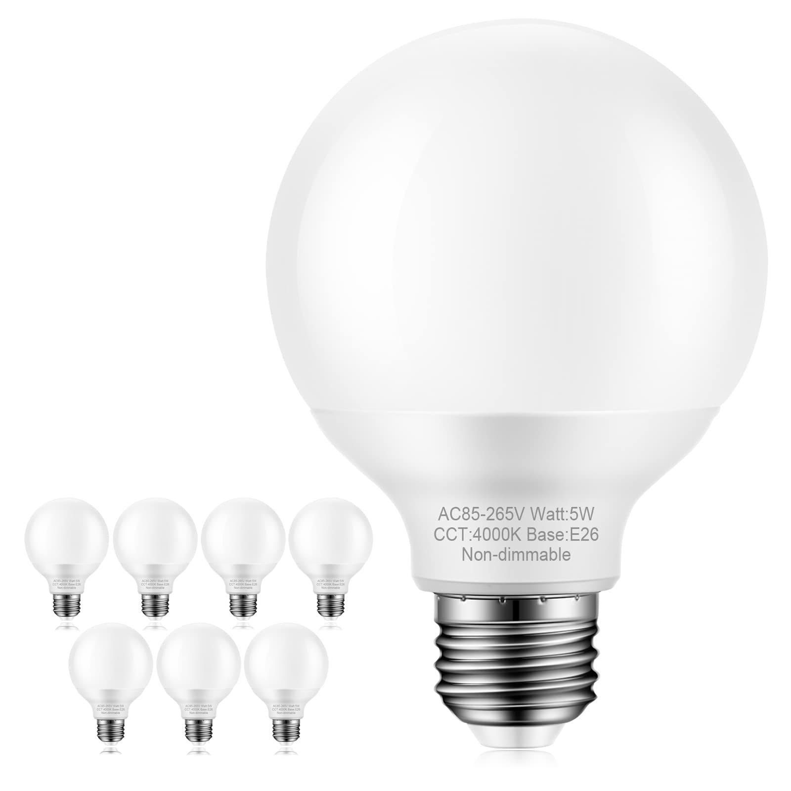 Marxlait 8 Pack Bathroom Light Bulbs, 60 watt Equivalent, Natural Daylight White, E26 Medium Base, G25 LED Globe Light Bulbs for
