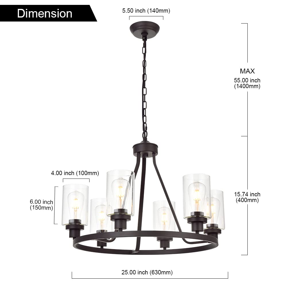 MELUCEE 6-Light Glass Chandelier Farmhouse Lighting, Kitchen Island Lighting Dining Room Light Fixtures Hanging Glass Pendant Li