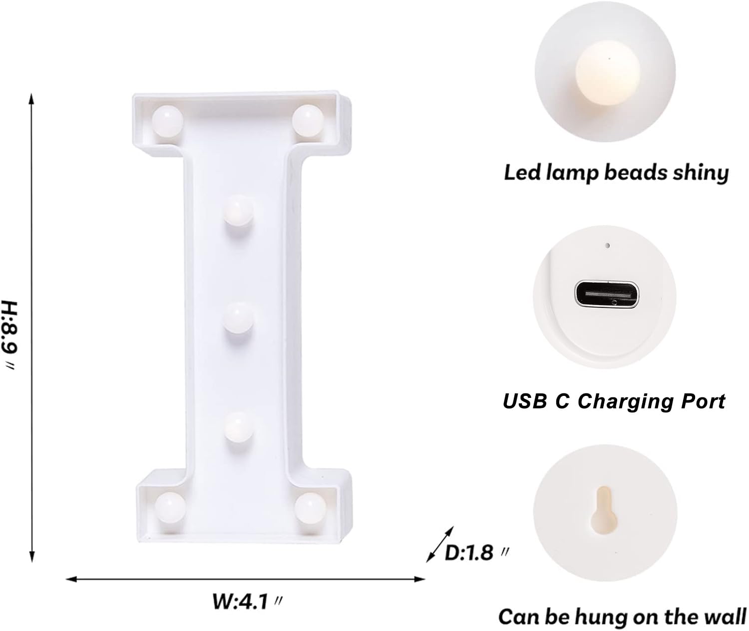 Foaky Rechargeable LED Letter Lights Sign, Warm-White, Plastic, Model Recharge-ABS, Size I, Ideal for Weddings & Parties