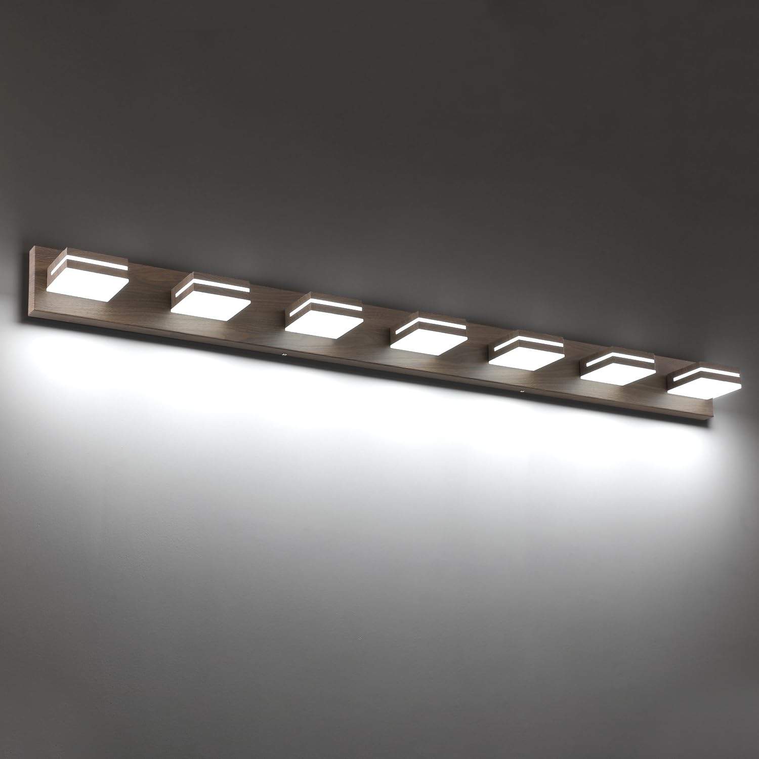 SineRise LED Bathroom Vanity Light Fixture, 7-Light, 55-Inch, Dimmable, Brown Wood, Stainless Steel, Model 07c3442a-1e90-4